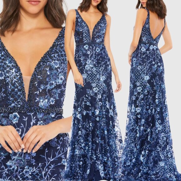 $698 Mac Duggal 67481 Size 4 Blue Floral Embroidered V-Neck Long Maxi Gown Dress - Picture 1 of 5